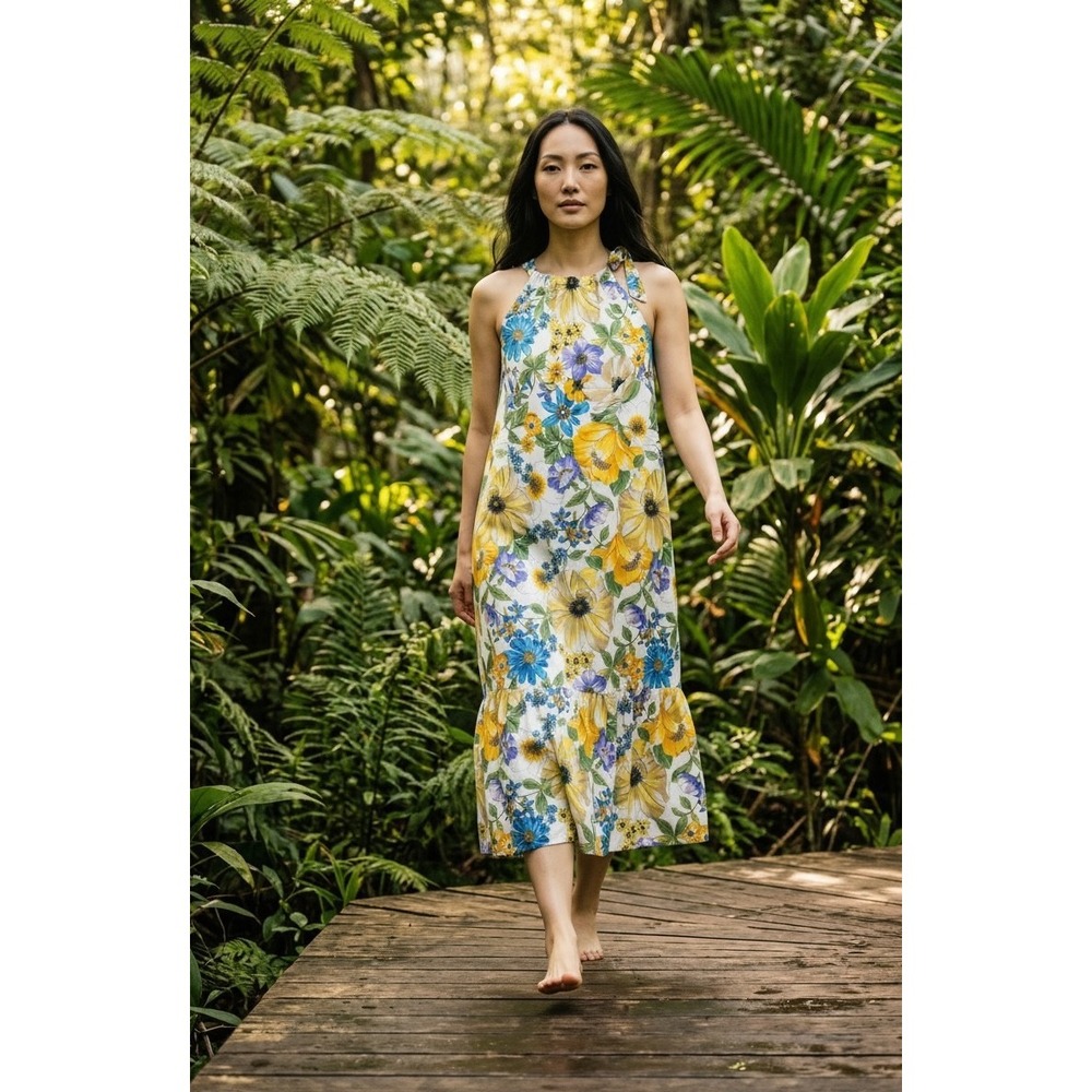 Chloe‎ + Rene Floral Halter Midi Dress Blue Yellow Purple Ruffle Hem Womens L